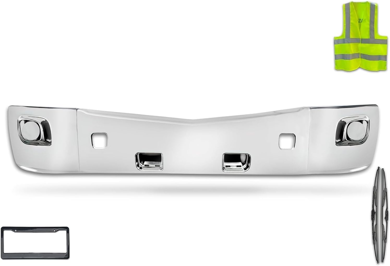 KOZAK PLASTIC Chrome Bumper - Center and Corners No Fog Light Hole (Passenger Right & Driver Left Side) Compatible with Peterbilt 579 2013-2021 PLUS Logo, License Plate Frame, Wipers, Vest