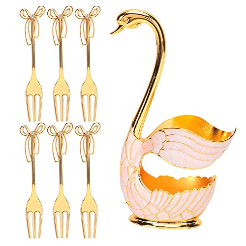 6 pcs Stainless Steel Fork Swan Base Holder, Fruit Dessert Ice Cream Cake Forks Decoration Cutlery Set Mirror Finish Gold for Home Bar Restaurant