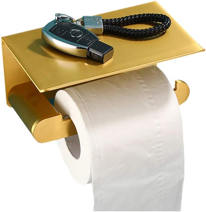 Toilet Paper Holder with Shelf Modern Toilet Roll Tissue Holder with Phone Shelf Aluminum Wall Mounted Tissue Paper Dispenser for Bathroom Kitchen Living Room,Black,Single