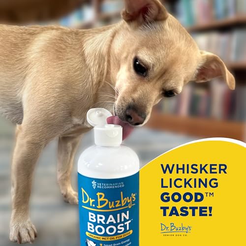 Dr. Buzby’s Brain Boost Organic MCT Oil for Dogs, 16 Oz Human Grade MCTs C8, C10, Senior Dog Dementia, Made from Pure Organic Coconut Oil, Medium Chain Triglyceride Liquid Dog Supplement