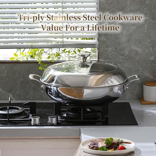 DELARLO Tri-Ply Stainless Steel Wok Pan With Lid 14 Inch Non stick,Woks & Stir-Fry Pans Nonstick 6QT Deep Frying Pan, Induction Saute Pan With Lid,Dishwasher and Oven Safe - Thumbnail 3