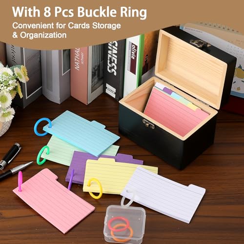 BTSKY Wooden Index Card Holder - 3X5 Inch Notecard Box Recipe Organizer with 150 Cards & 8 Buckle Rings, Wood Index Card Case for Office Desk Recipe Notecard Storage Box, Photo Holder Organizer, Black