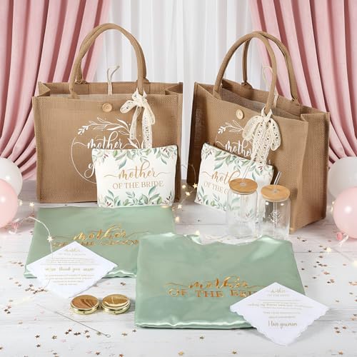 Image of Hushee 12 Pcs Mother of the Bride Groom Gift Set: Satin Robes for Women Tote Bags Makeup Bags 16oz Glass with Straws Handkerchiefs Mirrors for Mom Bridal Shower Wedding Gifts(Sage Green,Leaves)
