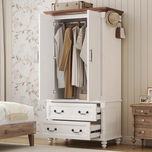 LIKIMIO Farmhouse Armoire Wardrobe Closet with 2 Doors and 2 Drawers, 70" H x 36" W, Large Bedroom Armoire with Roman Column and 3 Hanging Hooks, Wooden Freestanding Closet Cabinet, White - Image 4