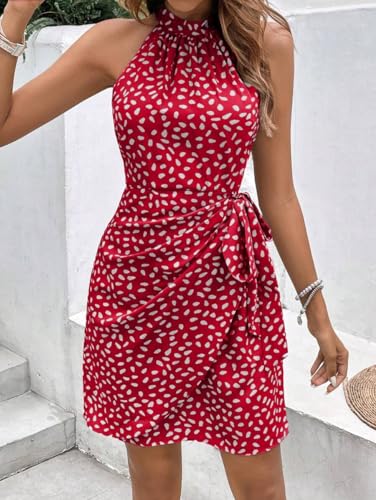 Image of LIGHT DOT Women's Summer Dress Dot Print Halter Neck Tie Waist Casual Zipper Back Sundress Vacation Outfits