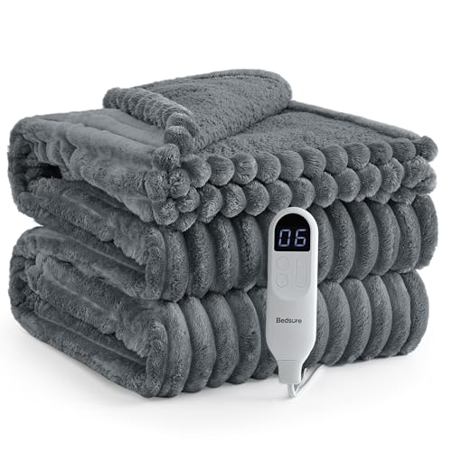 Image of Bedsure Electric Blanket Twin - Thick Striped Flannel Electric Blanket, Heating with 10 Time Settings, 6 Heat Settings, and 8-Hour Timer Auto Shut Off, Gift for Grandma (62x84 inches, Grey)