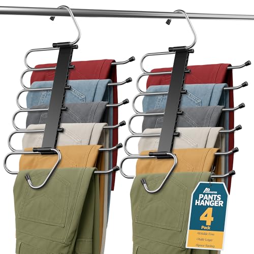 Black Space Saving Pants Hangers 4 Pack, 6 Layer Jeans Hangers & Closet Organizer for Jeans, Scarves, Skirts, Multi-Layer Hanger with Anti-Slip Coating & Stopper, Heavy-Duty S-Type Stainless Steel by Lifemaster - Used condition - US$21.30