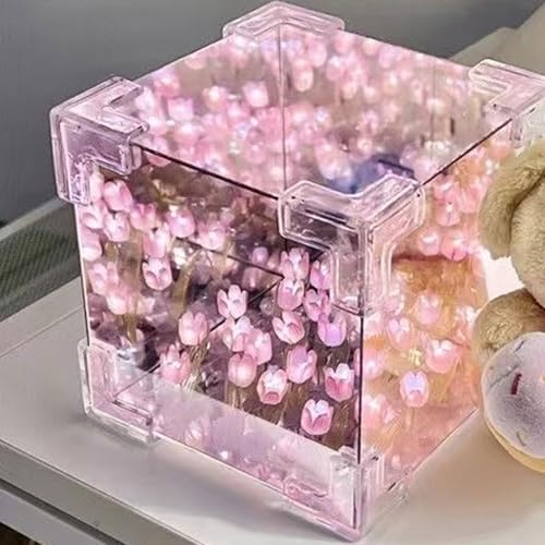 30 Flowers DIY Tulip Cube Mirror Lamp,Tulip Flower Table Lamp & Mirror 2-in-1,USB Tulip Mirror Night Lights for Bedroom,Creative Gift for Mom,Girl,Couple,Friend Birthday(Purple)