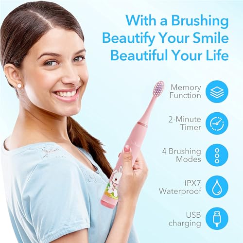Image of Obvie Sonic Electric Kids Toothbrush with 4 Brushing Modes, Soft Nylon Bristles, 3 Brush Heads & Rechargeable Battery Last Up to 30 Days, IPX7, Electric Power Tooth brush (Purple, Pink)