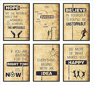Vantagekart Hope, Success, Believe, Time, Idea, Happy Inspirational Motivational Self Adhesive Wall Posters for Home & Office Decor (Paper, 12x18-inch, Brown) - Set of 6