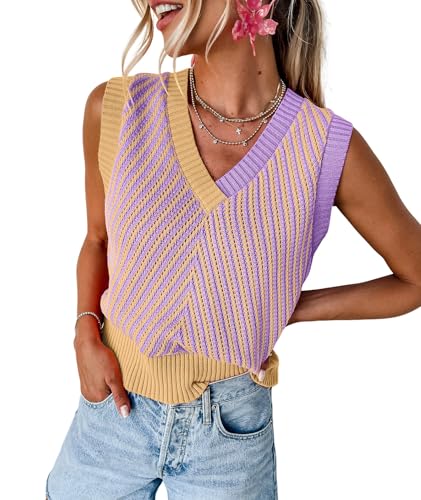 Image of MARZXIN Women Sleeveless Sweater V Neck Casual 2026 Fall Knitted Chevron V Neck Sweater Vest Color Block Pullover Sweater Top