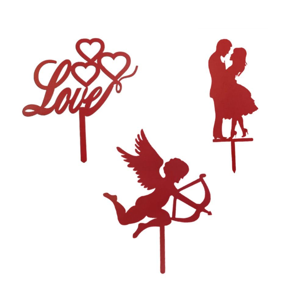 KONFIZ Romantic Couple Cake Topper Set | 3 Pcs Red MDF Cake Decorations for Anniversary, Wedding, Engagement & Valentine’s Day | Durable & Reusable Love Cake Accessories