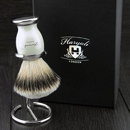 Badger White Hair Men's Shaving Brush in Black & Metal Colour Base Along with Stand