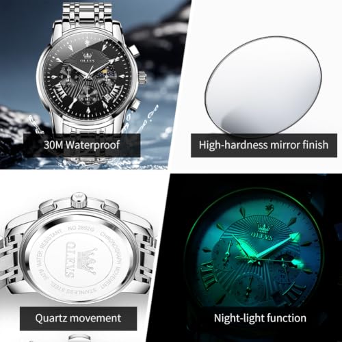 Image of OLEVS Watch for Men Classic Business Dress Analog Quartz Stainless Steel Waterproof Luminous Date Diamond Men Silver Watch