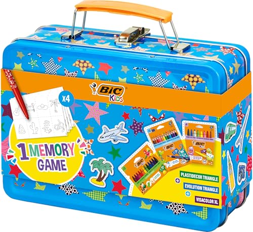 BIC Kids Valise de voyage Memory : Crayons de couleur, Craies, Stylos feutres, 32 pièces Jeu Memory - Couleurs assorties, lot de 64