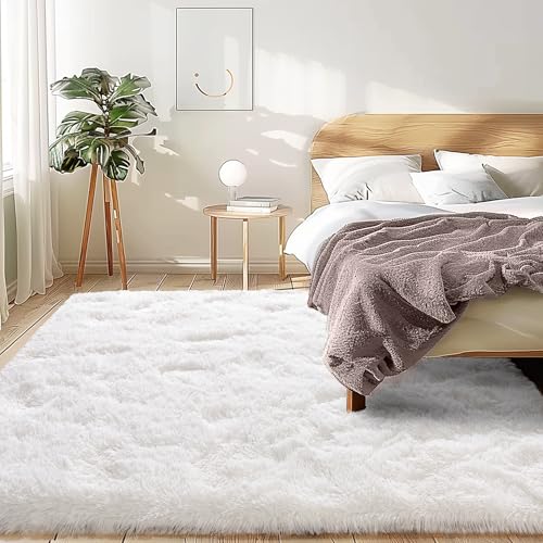 5x7 Rugs for Living Room - 1.4" Height Pile Plush Rug for Dorm - Soft Non-Slip Fluffy Throw Carpet Bedroom White