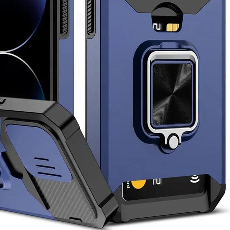 Image of LuxuryKase Shockproof Armor Case for iPhone 14 Pro | Slide Camera Cover | Hidden Card Slot | Rotating Ring Kickstand | Magnetic Car Mount Support | Military Grade Protection - Blue