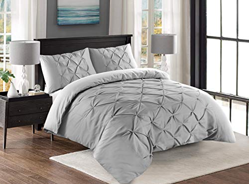Cloe' Louis Duvet Covers Set Pintuck Pinch Pleat Double Bed Duvet Cover Sets with Pillow Cases (King, Silver)
