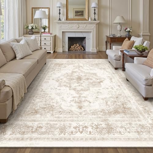 Area Rug 9x12 Cream Washable Living Room Beige Carpet Non Slip Vintage Medallion Indoor Bedroom Beige Carpet Low Pile Soft Retro Distressed Large Rug Home Office Dining Room Playroom