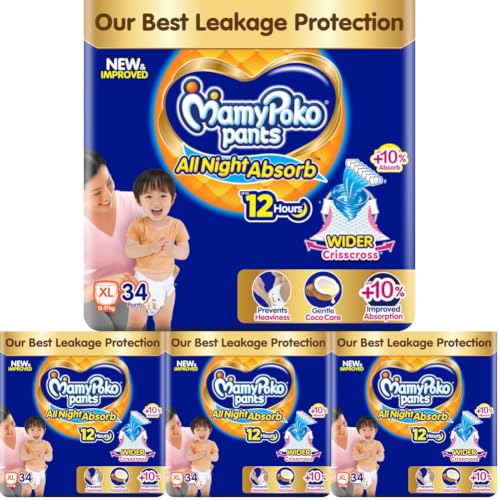 Image of MamyPoko New Pants All Night Absorb|Pant Style Baby Diapers X- Large Size(XL), 34 Count, Ideal for 12-17Kgs|1 Diaper: Upto All Night Absorption now with 10% increased power|Wider Crisscross Sheet