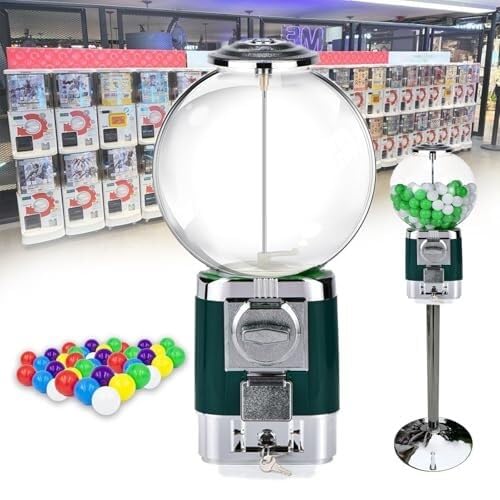 Commercial Vending Machine with Metal Stand & 20 Colorful Capsules - Gashapon Toy Capsule Dispenser, No Coin Required, 240 3.2cm Gumballs(Green)
