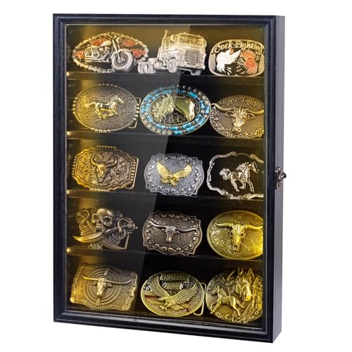 DigNew Belt Buckle Display Case 5 Belt Buckle Holders Included 17x12 Black Shadow Box with LED Light Wall-Mounted Mens Belt Clip Storage Box Lockable