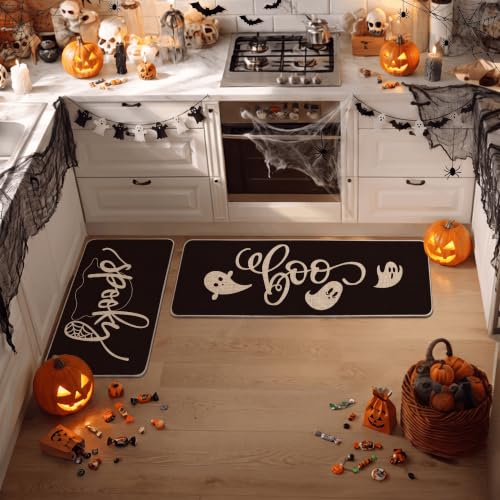 Artoid Mode Spooky Spider Web Ghosts Boo Halloween Kitchen Mats Set of 2, Home Decor Low-Profile Kitchen Rugs for Floor - 17x29 and 17x47 Inch