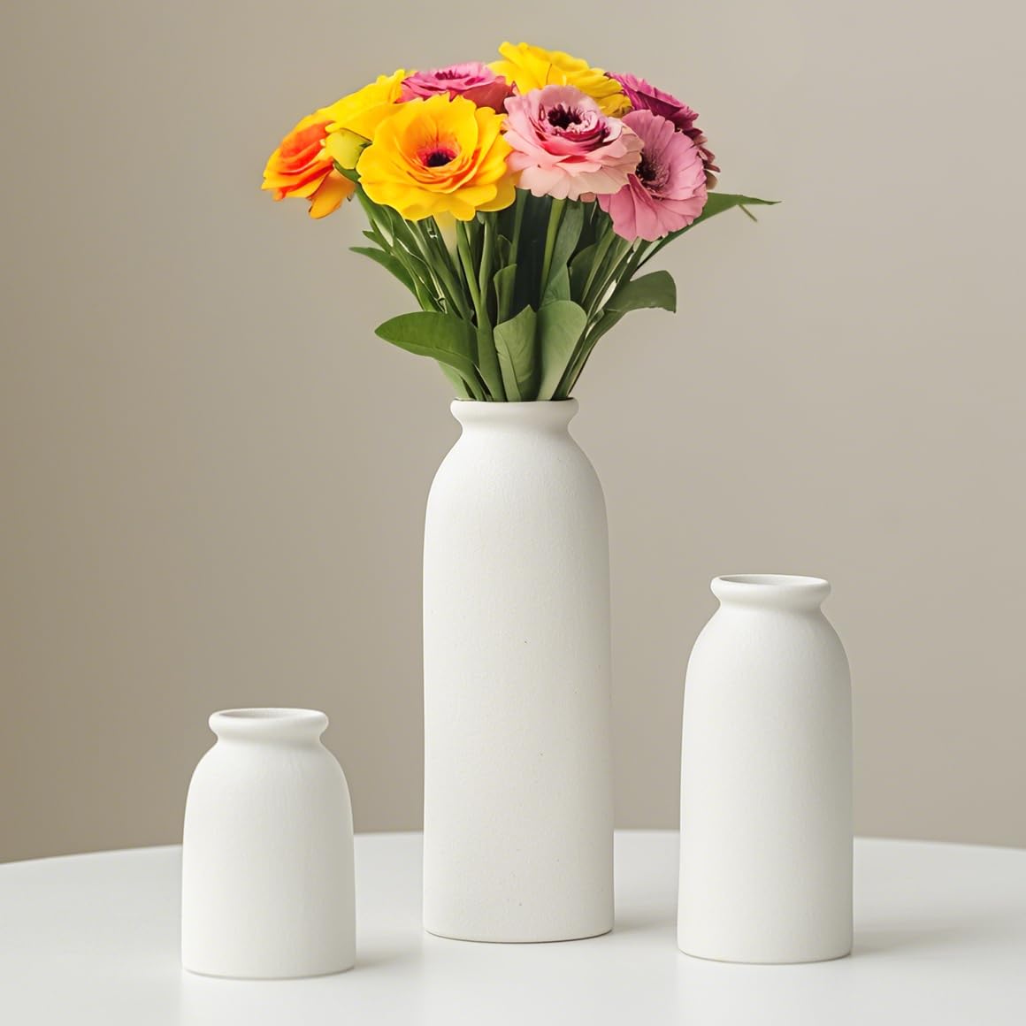 Set di 3 vasi di fiori in ceramica, per decorazioni, bianco, giallo, bianco (White Middle Size)