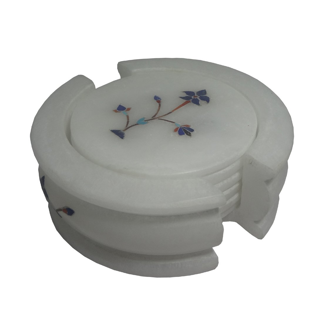 Avinash Handicrafts White Stone Inlaid Coaster Set of 6 Coasters(Round) 4 inch - Image 3 thumbnail