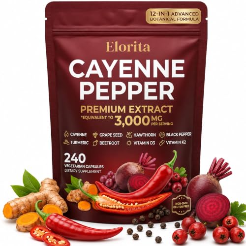 Elorita Cayenne Pepper Softgels 12-in-1 Capsaicin Supplements with Vitamin D3 K2 Turmeric Hawthorn Beetroot Black Pepper Extract 240 Softgels