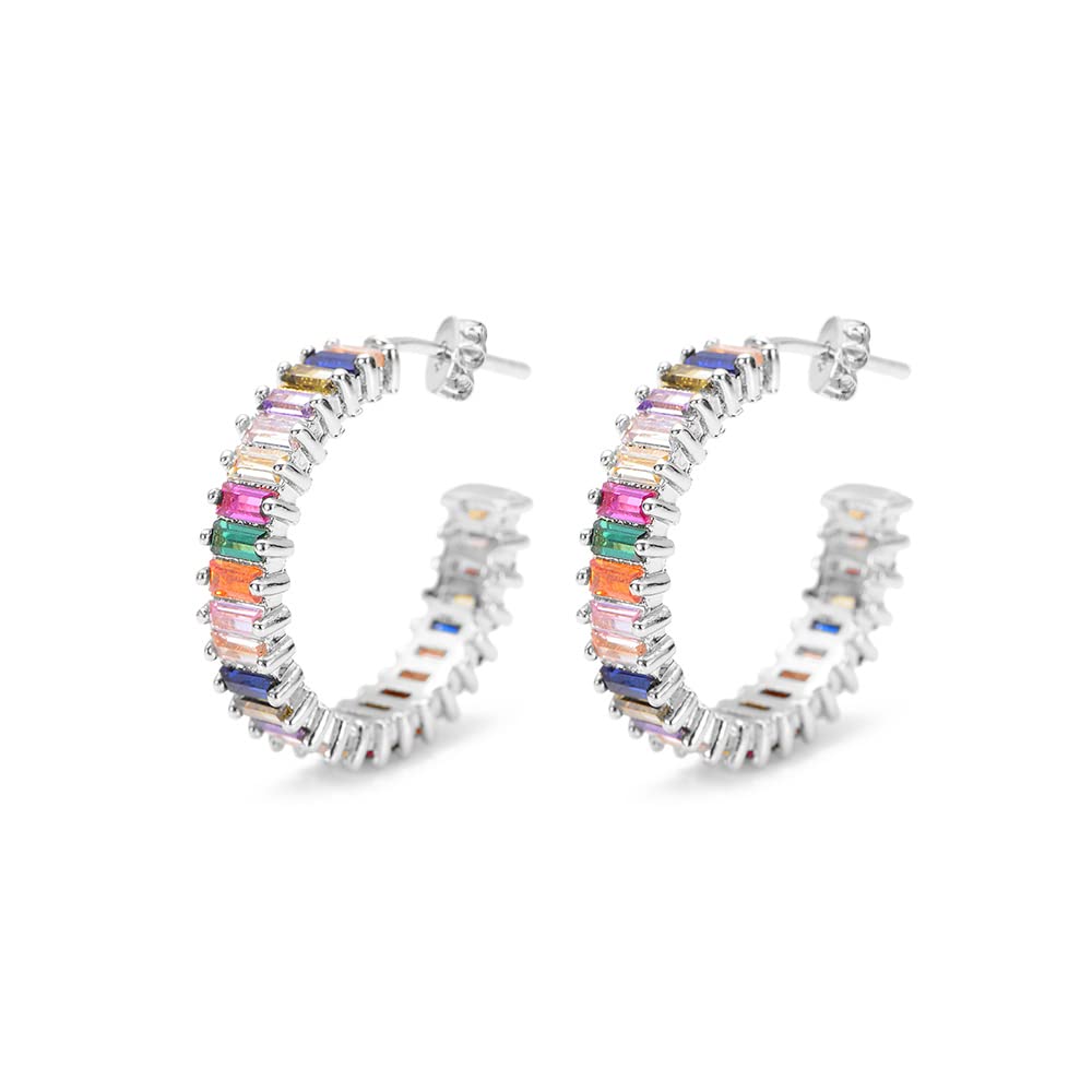 Savlano 14K Gold Plated Cubic Zirconia Multicolor Rainbow Round Hoop Stud Earrings for Women Comes with a Gift Box