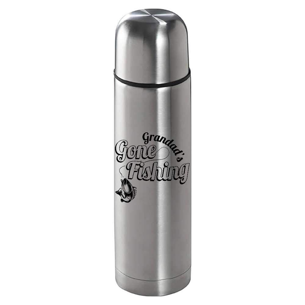 Personalised Gone Fishing Brushed Steel Insulated Vacuum Flask 500ml - Engraved - Enter Your Custom Text.