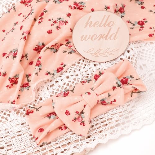 Image of DRESHOW BQUBO Baby Girl Newborn Floral Receiving Blankets with Bow Hat Headband Wooden Birth Announcement Card Set Newborn Baby Swaddling Hats Swaddle Blanket Toddler Warm Shower Gift