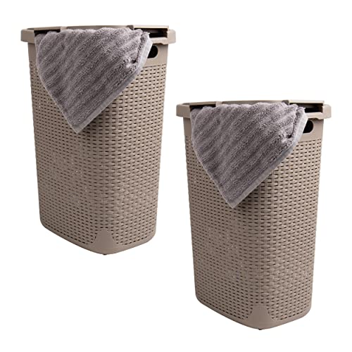 Image of Mind Reader Slim Laundry Hamper with Lid, 60L Clothes Baskets, Wicker Design, Plastic, 17.65"L x 13.75"W x 24.15"H, 2-Pack, Tan