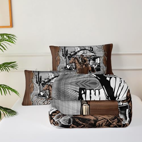 Image of Brown Western Cowboy Comforters King Size,Boys King Size Bedding Set Cowboy Themed,with 1 Comforter with 2 Pillow Case,Western Bedroom Decor for Boys Men Kids