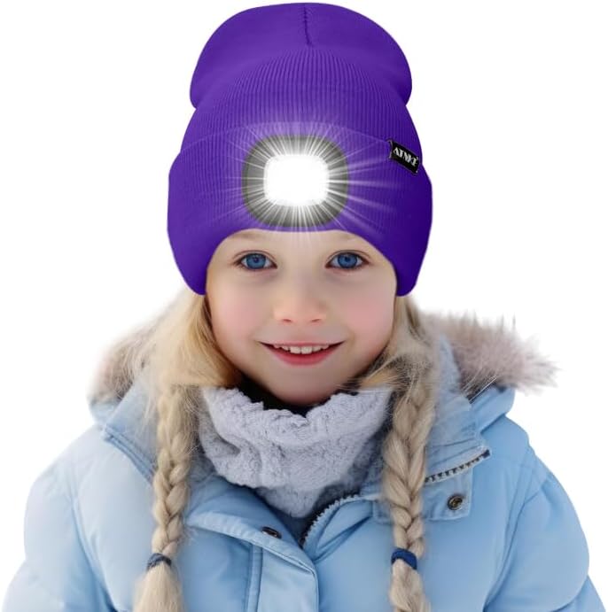 ATNKE Kids LED Lighted Beanie Hat,USB Rechargeable 4 LED Running Headlamp Bright Cap with Light Gifts for Boys and Girls