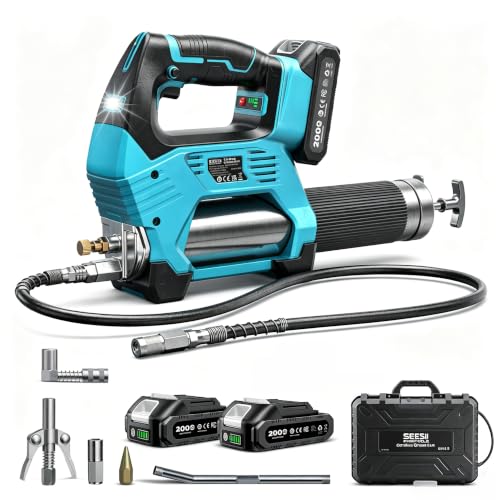 Seesii 12000PSI Electric Grease Gun: 3 Speed Control Battery Powered Grease Gun Cordless with 2 Batteries Brushless Motor 39.4 Long Hose 90 Degree Coupler & LED Light for Heavy Duty Equipment