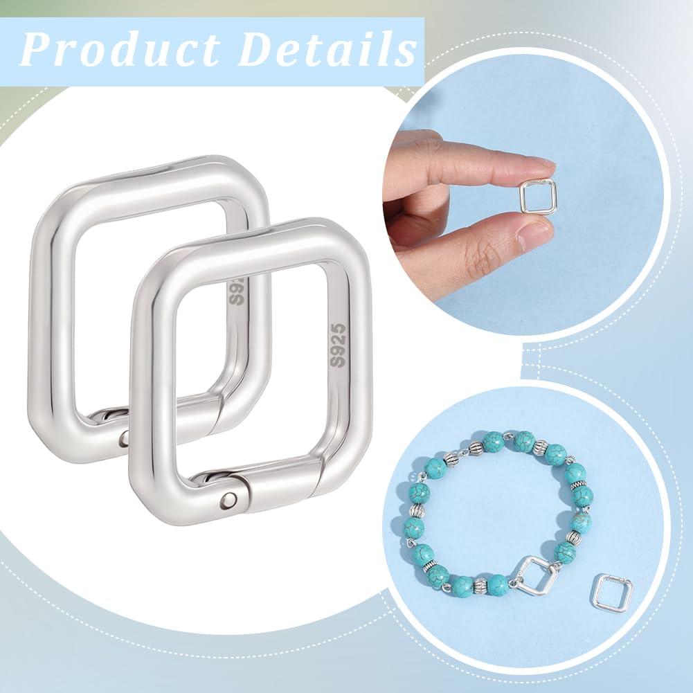Beebeecraft Cierre de Anilla de Resorte de 0.51 pulgada 925 aros de Resorte de Plata de Ley con Forma Cuadrada Conector Pequeño de Metal Mosquetón para Hacer Joyas Manualidades Collares Y Pulseras.