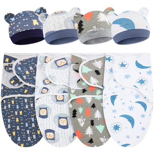 Image of Buryeah 4 Pack Preemie Swaddle Blanket Wrap Set with Hat for Baby Boys Girls 3-7 Lbs Preemie Newborn Clothes Sleepers Cap
