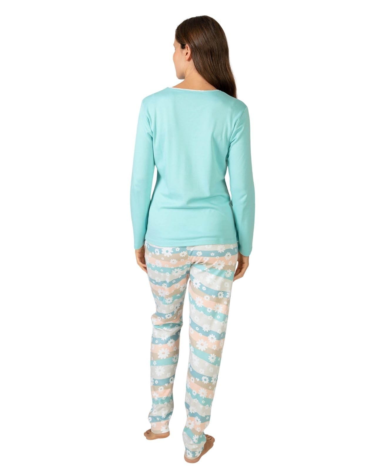 MASSANA Pijama de Mujer Invierno, Conjunto Manga Larga Turquesa, Pantalón Estampado Floral con Cinturilla, 50% Algodón 50% Modal