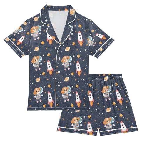 ALAZA Cute Cartoon Astronaut Dog Pajamas Satin Pajama Set Short Sleeve Button Down Sleepwear