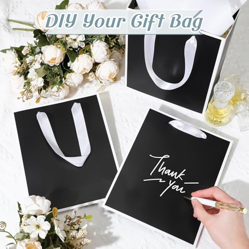 Image of Yeaqee 24 Pack Metallic Paper Gift Bags,Black, White | with Satin Ribbon Handle and Tissue, 9x7x3.1 Inch, Suit Business, Birthday, Christmas, Thank You Return Gifts Bags