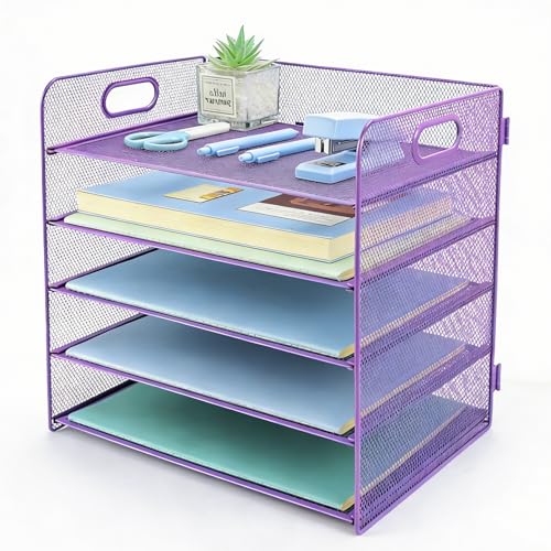 Image of Paper Letter Tray with Handle, 5 Tier Metal Mesh Desk File Organizer, A4 Paper Desktop Filing Trays, Desk Tidy Magazine Document Holder for Home Office, Purple