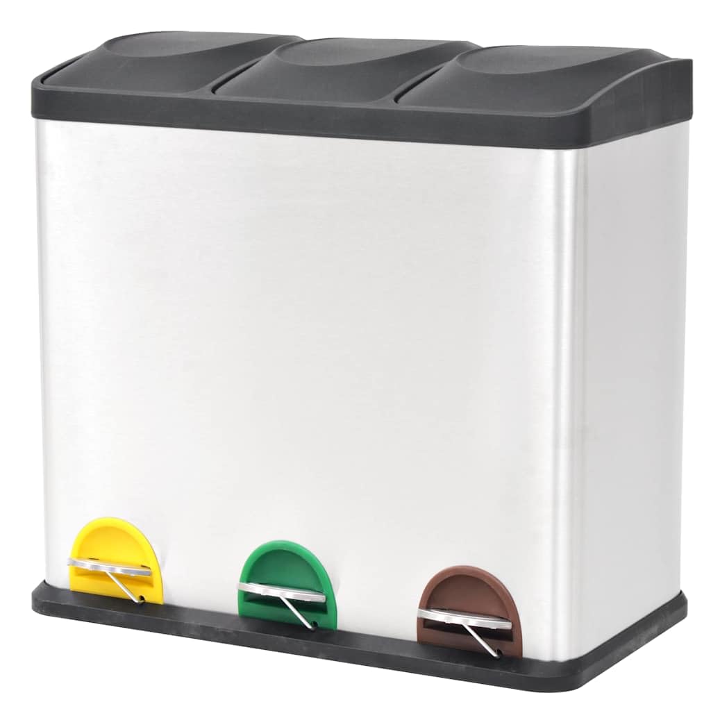 Cubo de basura con pedal de 54 litros, de acero inoxidable, con 3 cubos interiores, con mecanismo de pedal y tapa de cierre suave, color plateado
