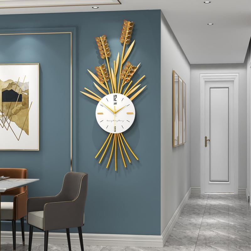 Modern Decorative Wall Clock with Gold Wheat Design, 3D Metal Art, White Face, Large Living Room Decor