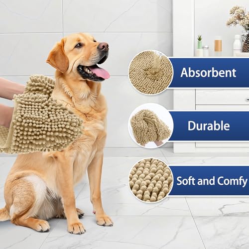 Image of OLANLY Chenille Dog Bath Towel 31x13, Ultra Absorbent Quick Dry Pet Towel, Extra Soft Washable Plush Towel for Large Dogs & Puppies, Indoor Outdoor Use, Beige