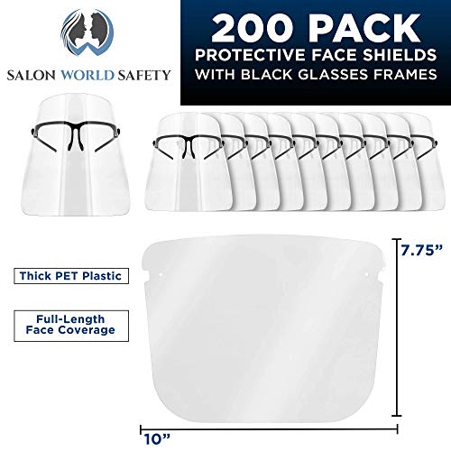 Image of TCP Global Salon World Safety Face Shields with Black Glasses Frames (20 Packs of 10) - Ultra Clear Protective Full Face Shields to Protect Eyes, Nose, Mouth - Anti-Fog PET Plastic, Goggles