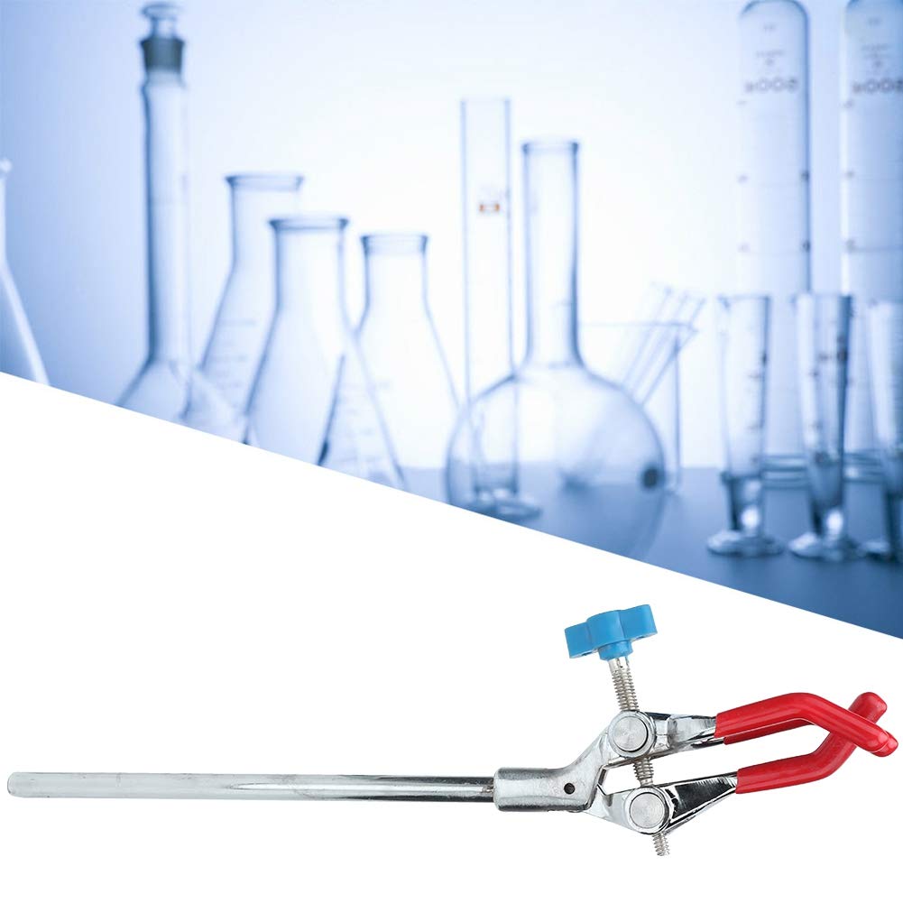 Pince de laboratoire à 3 doigts, pince à fiole avec mâchoire en caoutchouc et tige métallique double pour support de flacon en chimie scolaire