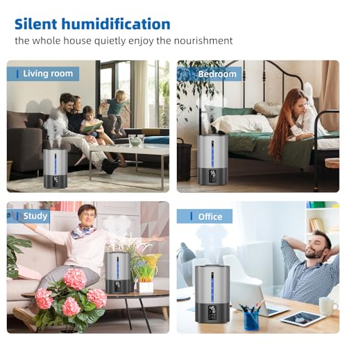 5L Humidifiers for Bedroom and Plants, Ultrasonic Cool Mist Humidifier for Baby home Mist Top Fill Desk Humidifier Essential Oil Diffuser, Quiet Humidifiers with Adjustable Mist,360°Nozzle-Gray