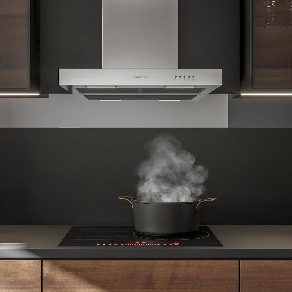 Cecotec Cappa aspirante 90 cm Bolero Flux TM 906500 Inox A. Motore 165 W, decorativo con finitura inox, aspirazione 650 m3/h, controllo meccanico, 3 livelli di potenza, luce e filtro al carbonio